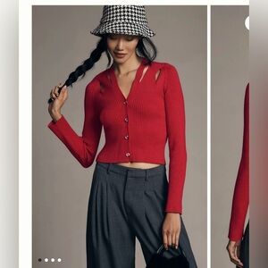 By Anthropologie V-Neck Strappy Ribbed Buttons Up Red Crop Cardigan Sweater Sz M